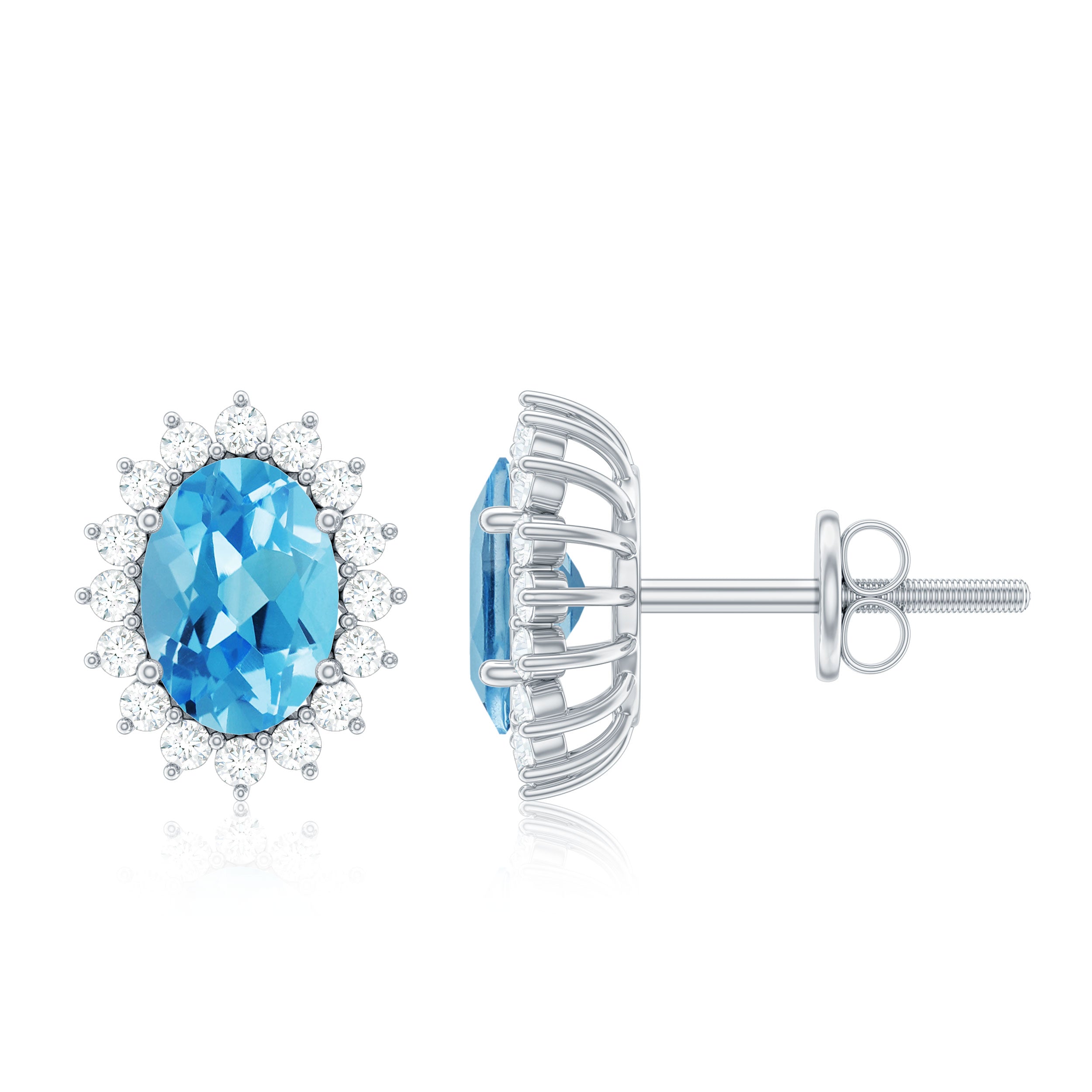 1.75 CT Oval Cut Swiss Blue Topaz Classic Stud Earrings with Diamond Halo Swiss Blue Topaz - ( AAA ) - Quality - Rosec Jewels