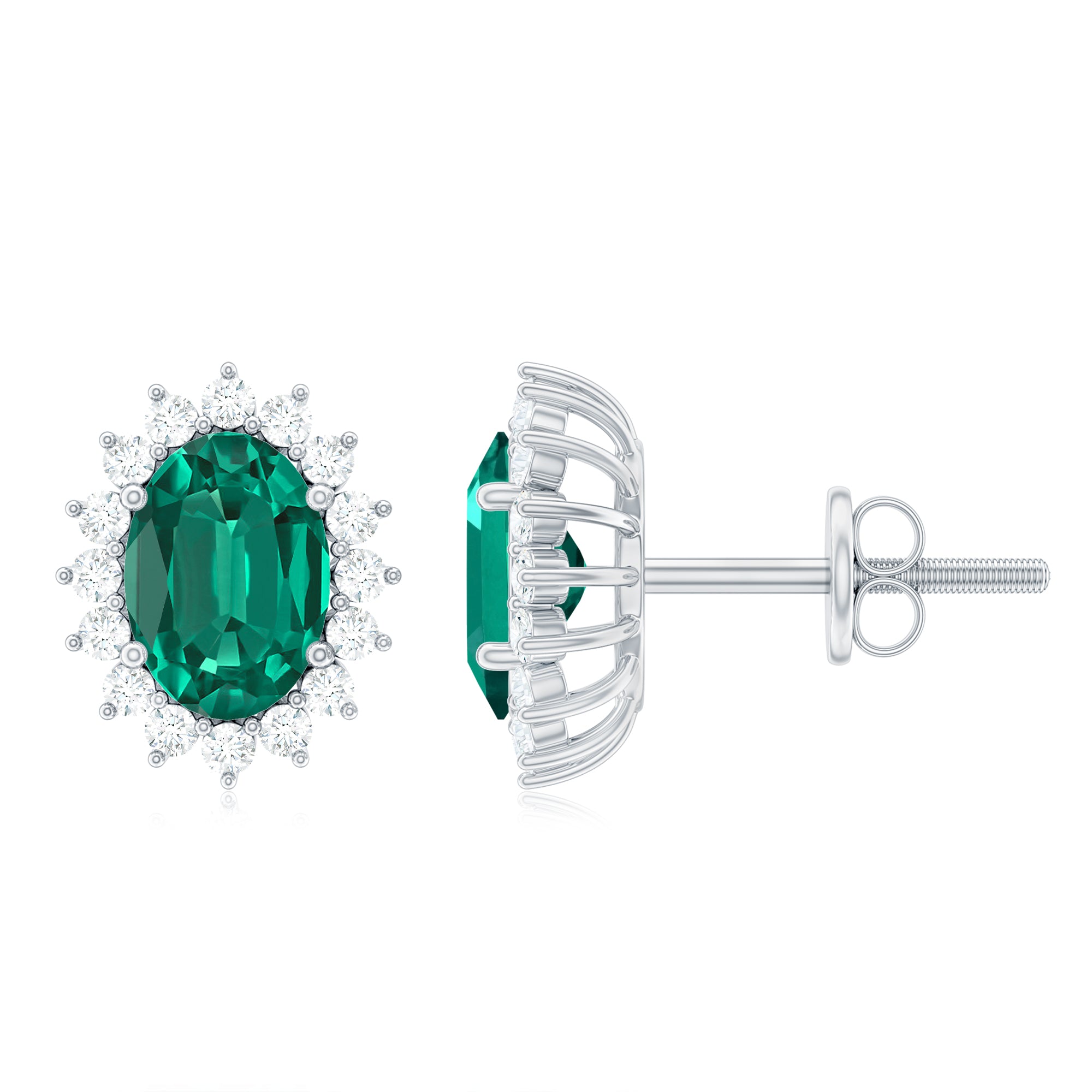 2 CT Oval Cut Created Emerald Statement Stud Earrings with Diamond Halo Lab Created Emerald - ( AAAA ) - Quality - Rosec Jewels