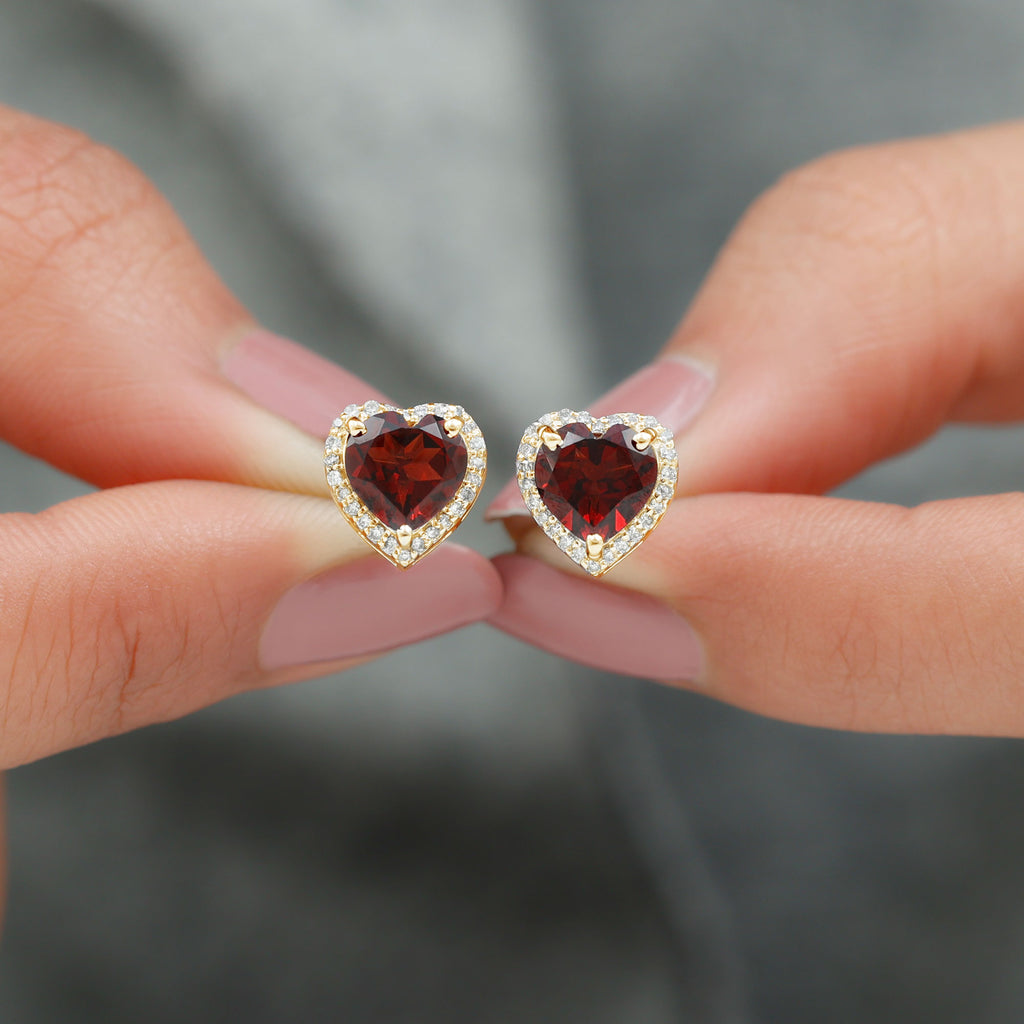 8.25 CT Heart Shape Garnet Stud Earrings with Diamond Halo Garnet - ( AAA ) - Quality - Rosec Jewels