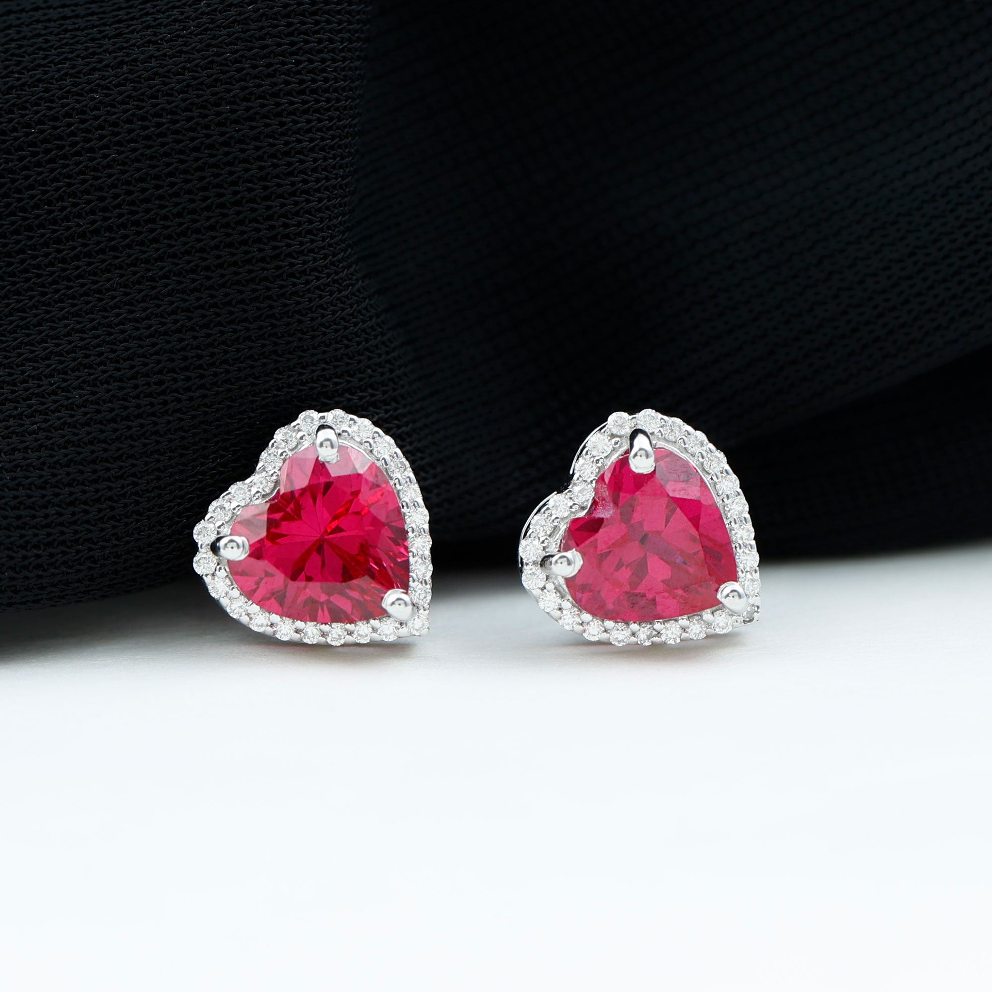 4.25 CT Heart Shape Created Ruby and Moissanite Halo Stud Earrings Lab Created Ruby - ( AAAA ) - Quality - Rosec Jewels