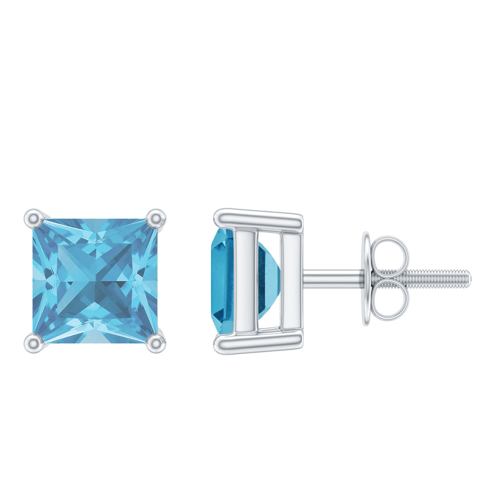 Princess Cut Aquamarine Solitaire Stud Earring Aquamarine - ( AAA ) - Quality - Rosec Jewels