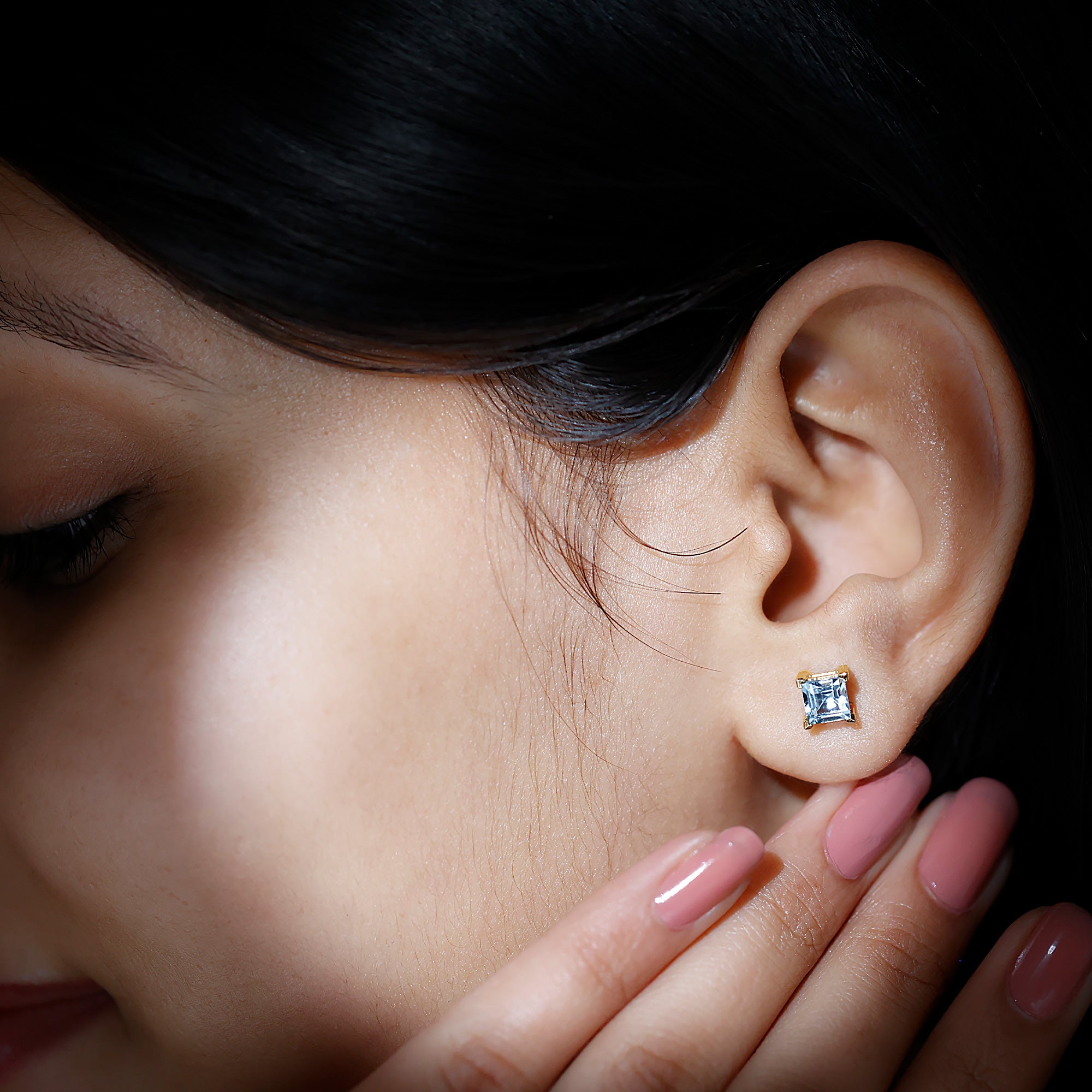 Princess Cut Aquamarine Solitaire Stud Earring Aquamarine - ( AAA ) - Quality - Rosec Jewels