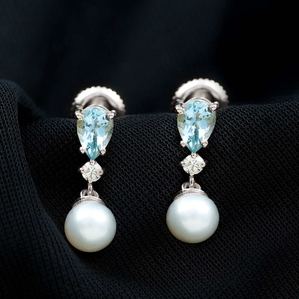 5.25 CT Aquamarine and Moissanite Dangle Earrings with Freshwater Pearl Drop Aquamarine - ( AAA ) - Quality - Rosec Jewels