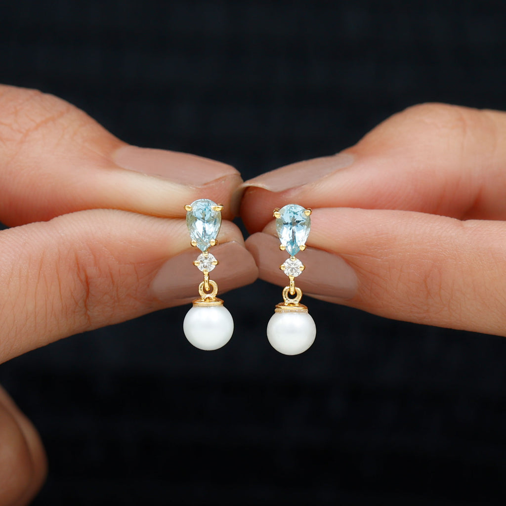 5.25 CT Aquamarine and Moissanite Dangle Earrings with Freshwater Pearl Drop Aquamarine - ( AAA ) - Quality - Rosec Jewels