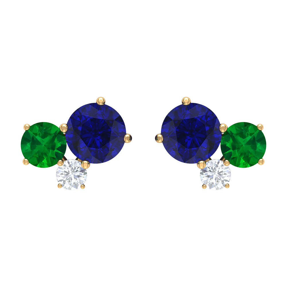 1 CT Blue Sapphire and Emerald Tiny Stud Earrings with Moissanite Blue Sapphire - ( AAA ) - Quality - Rosec Jewels