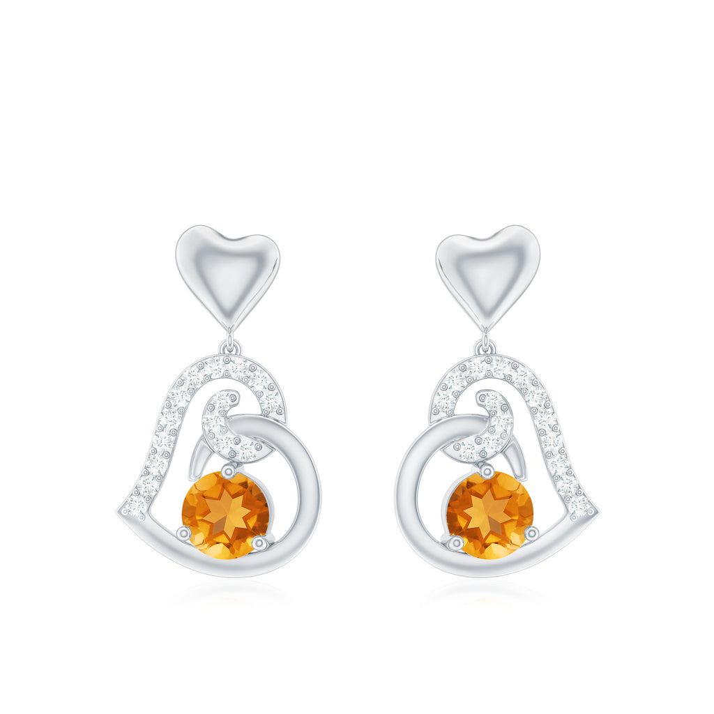 Round Citrine and Moissanite Accent Heart Drop Earring Citrine - ( AAA ) - Quality - Rosec Jewels