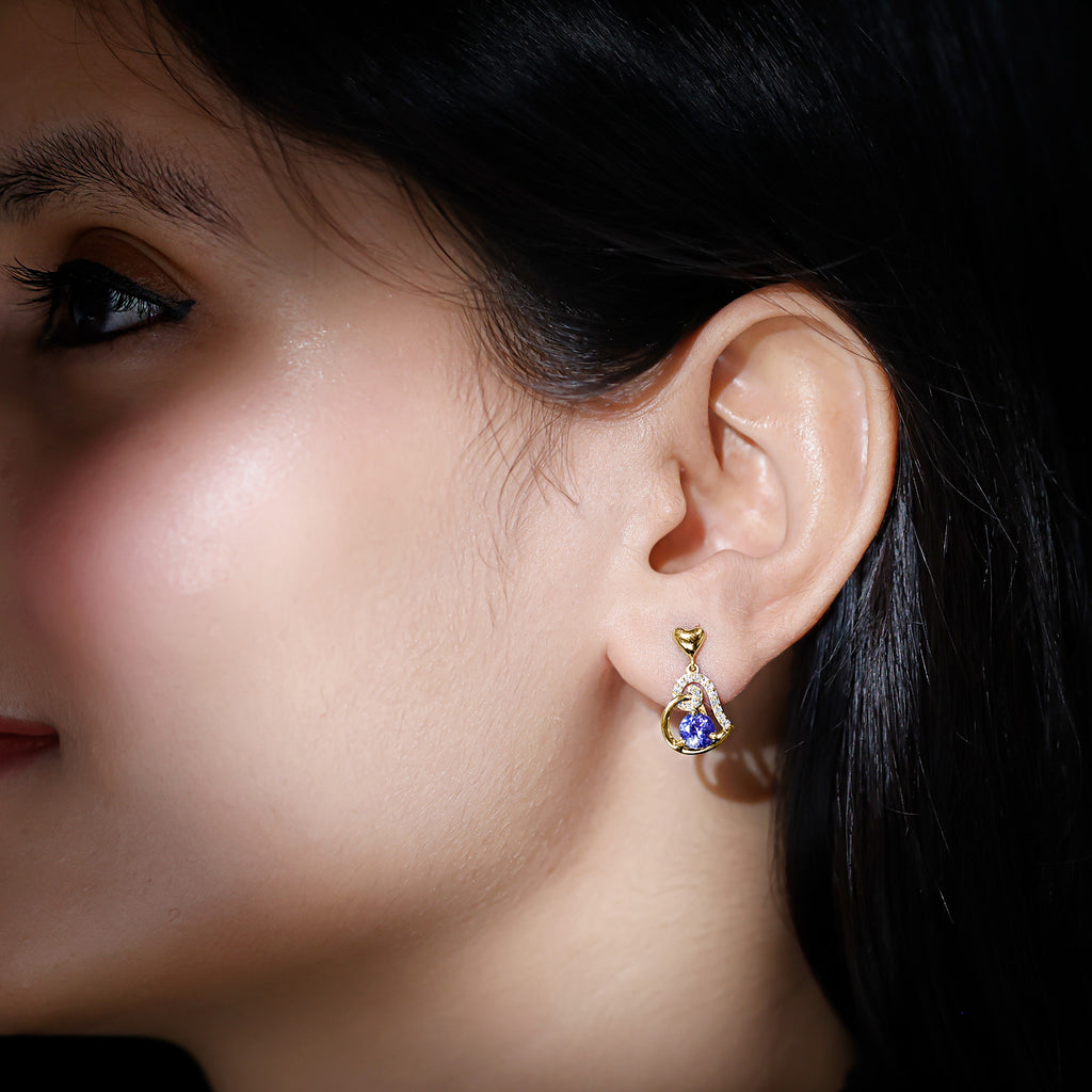 Heart Drop Earring with Tanzanite and Diamond Tanzanite - ( AAA ) - Quality - Rosec Jewels