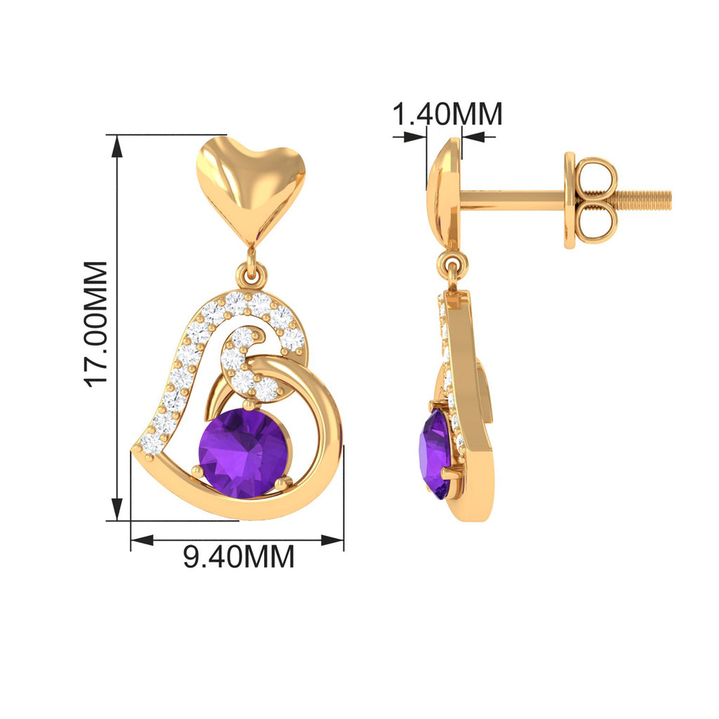 Round Amethyst Heart Drop Earring with Diamond Accent Amethyst - ( AAA ) - Quality - Rosec Jewels