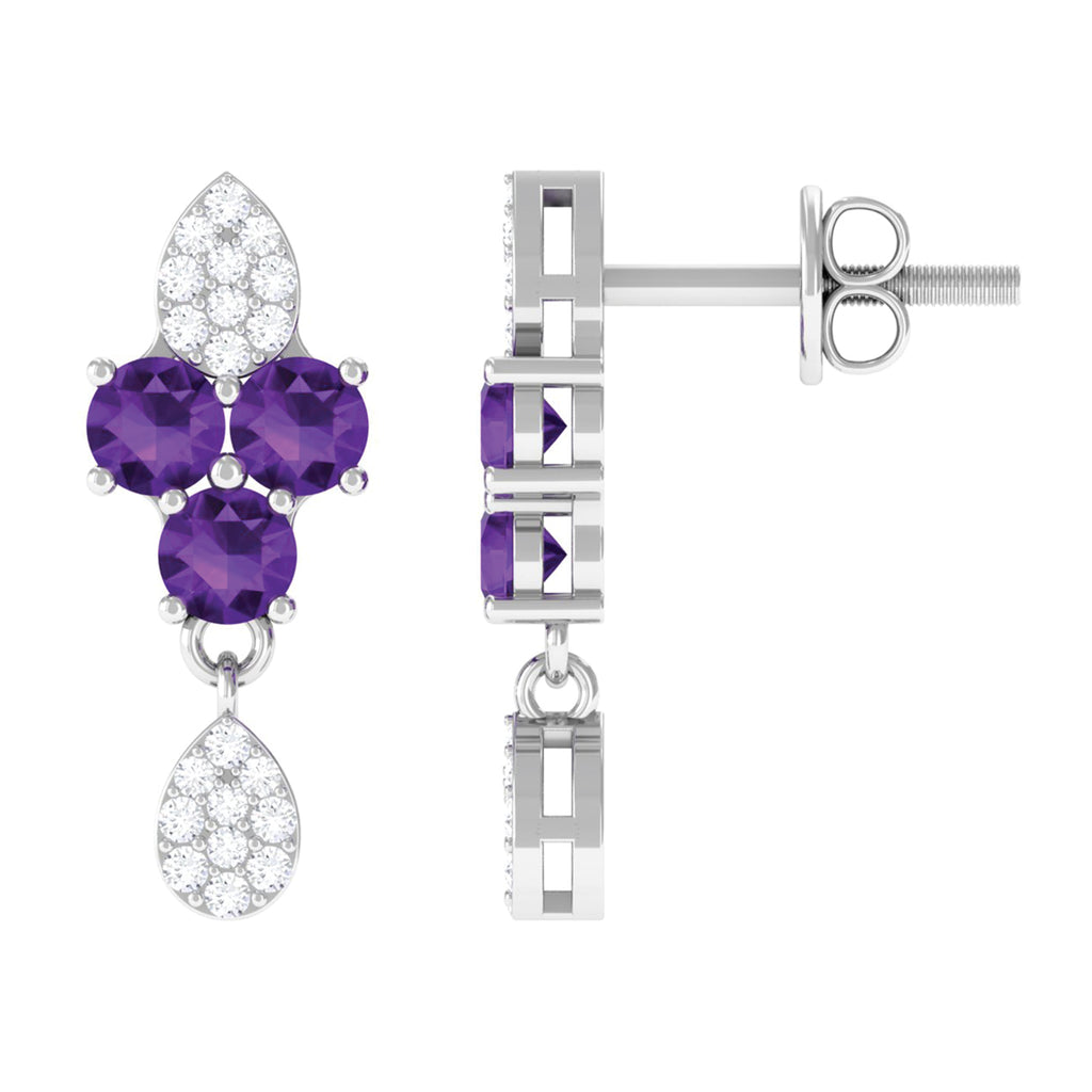 Round Amethyst and Diamond Contemporary Dangle Earrings Amethyst - ( AAA ) - Quality - Rosec Jewels