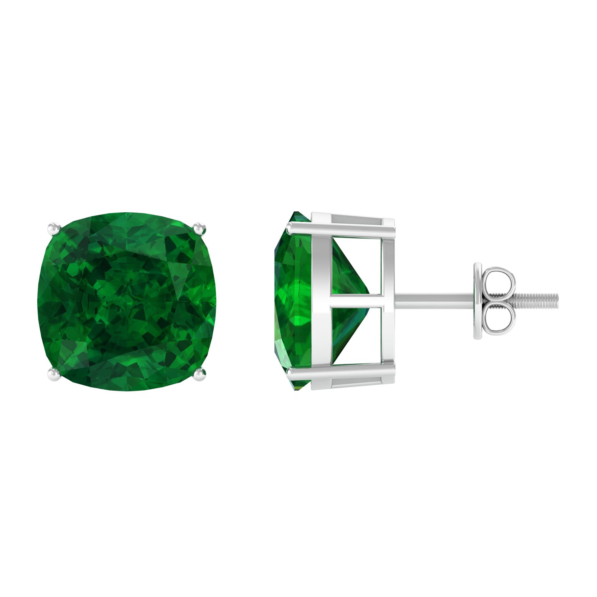 10 MM Cushion Cut Created Emerald Solitaire Stud Earrings Lab Created Emerald - ( AAAA ) - Quality - Rosec Jewels