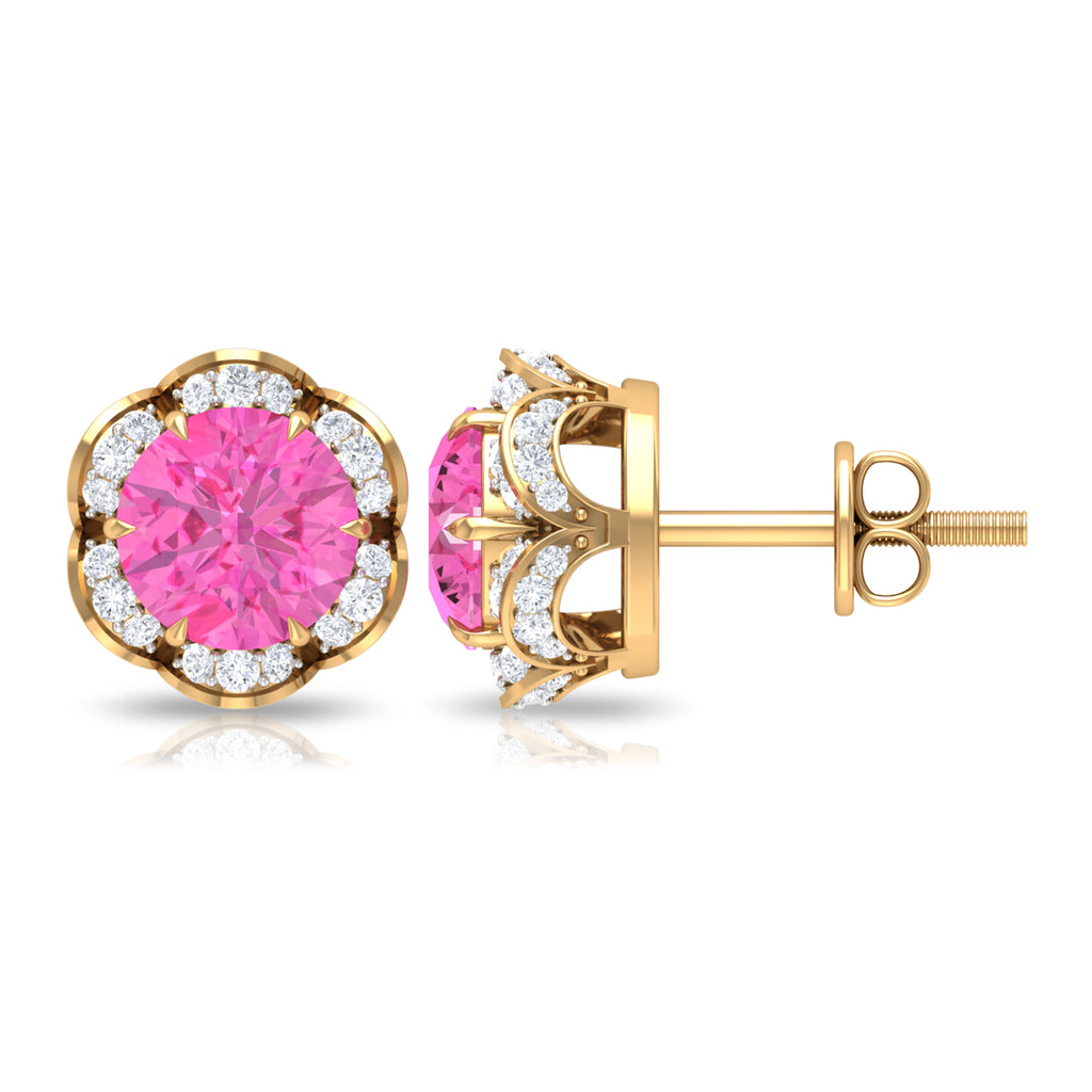 Pink Sapphire and Diamond Flower Stud Earrings Pink Sapphire - ( AAA ) - Quality - Rosec Jewels