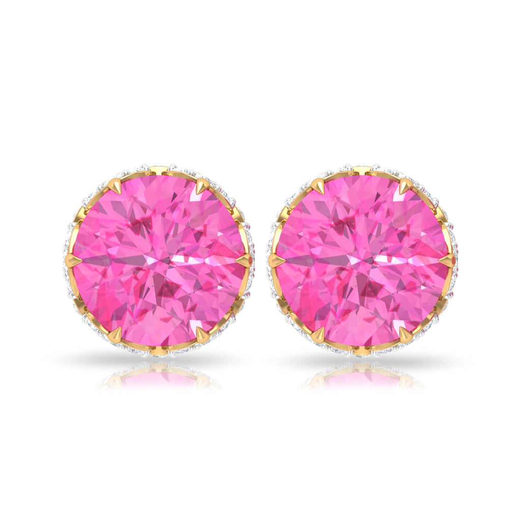 1.5 CT Lotus Basket Set Pink Sapphire Solitaire Floral Stud with Diamond Accent Pink Sapphire - ( AAA ) - Quality - Rosec Jewels