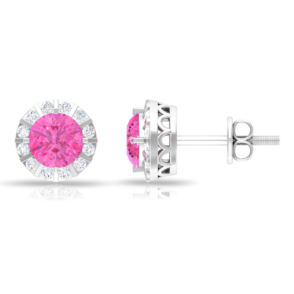 Antique Pink Sapphire and Diamond Halo Stud Earrings Pink Sapphire - ( AAA ) - Quality - Rosec Jewels