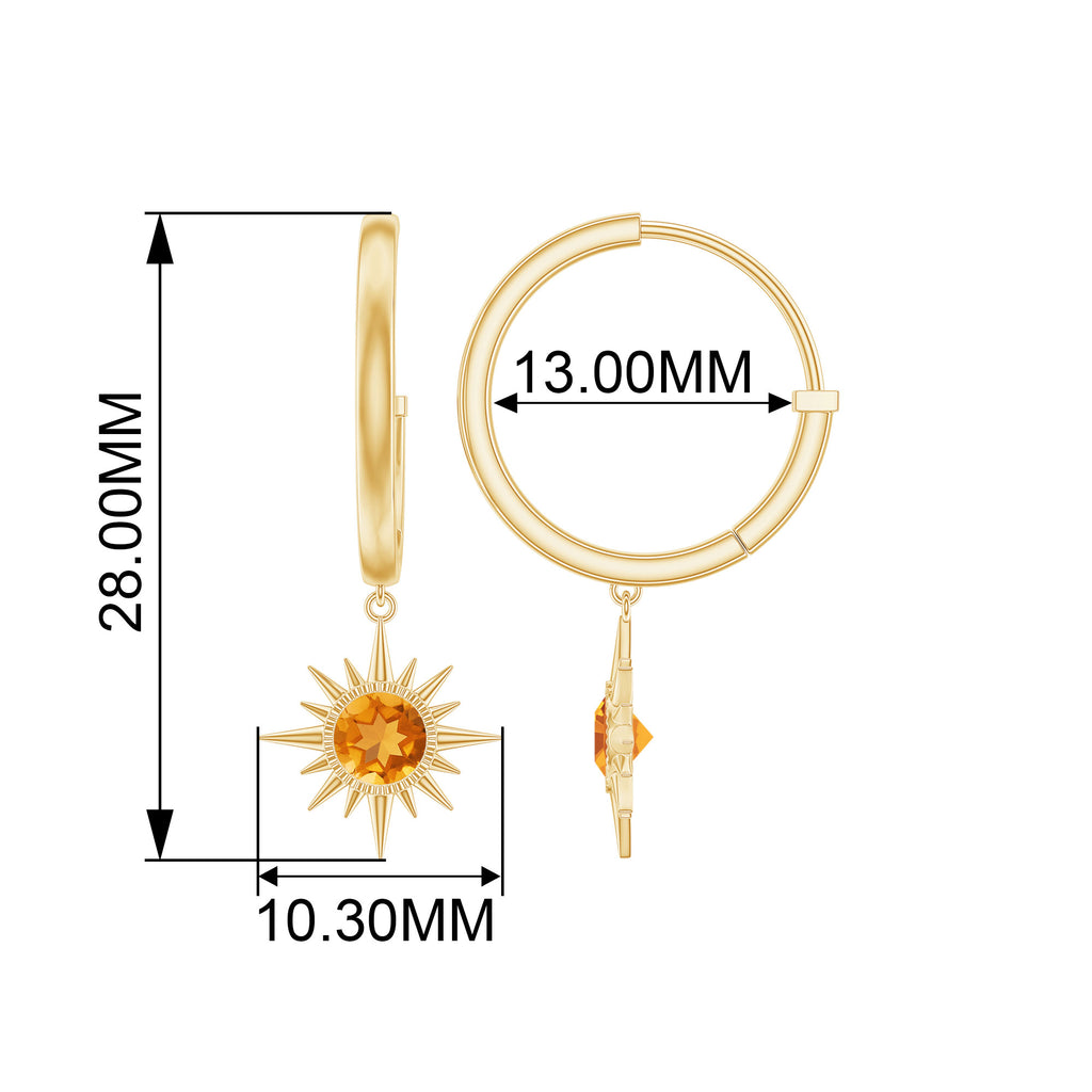 1 CT Round Shape Citrine and Gold Sunburst Hoop Drop Earrings Citrine - ( AAA ) - Quality - Rosec Jewels