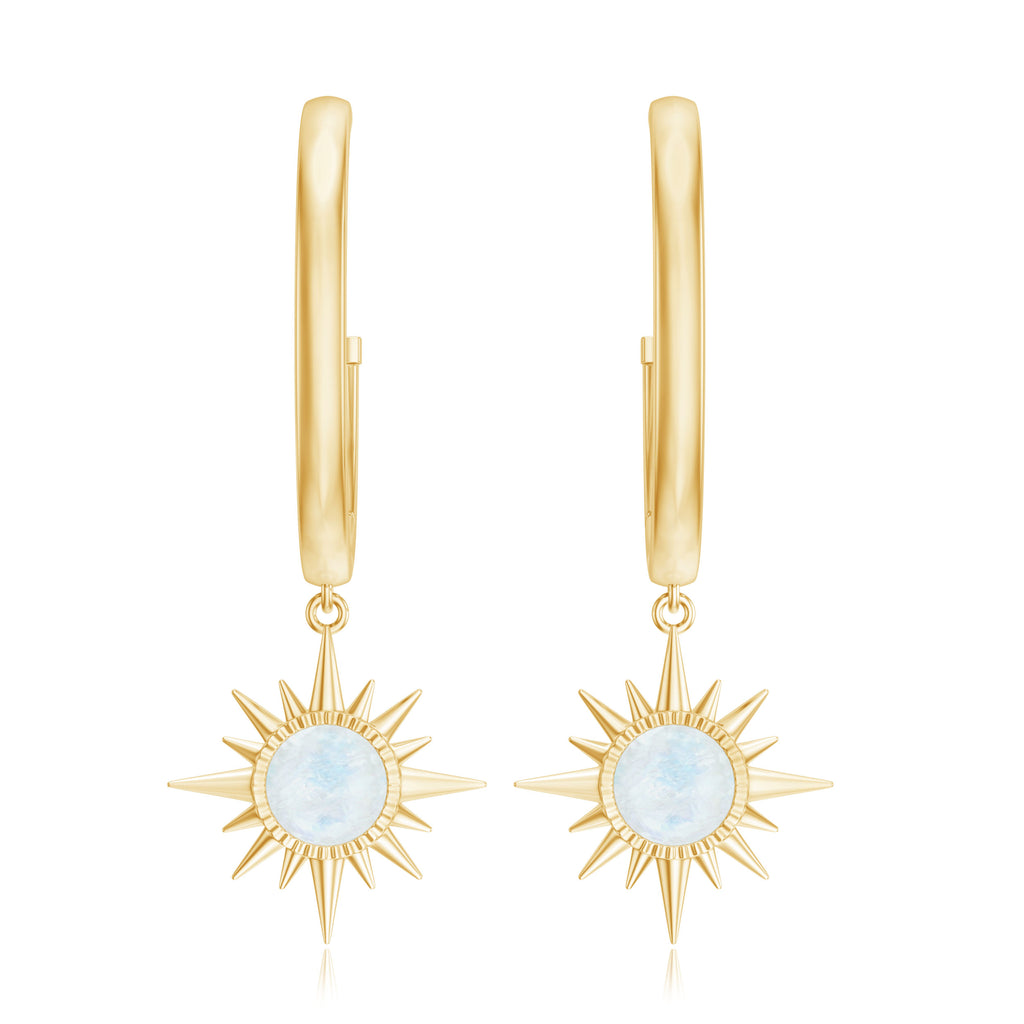 4 MM Round Shape Moonstone and Gold Sunburst Hoop Drop Earrings For Women Moonstone - ( AAA ) - Quality - Rosec Jewels