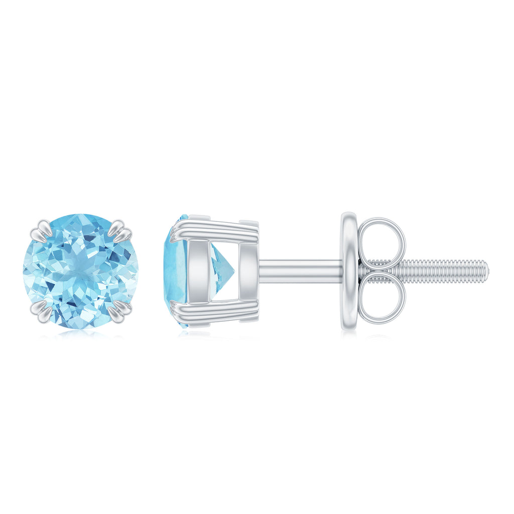 4 MM Genuine Aquamarine Solitaire Stud Earrings in Double Claw Prong Setting Aquamarine - ( AAA ) - Quality - Rosec Jewels