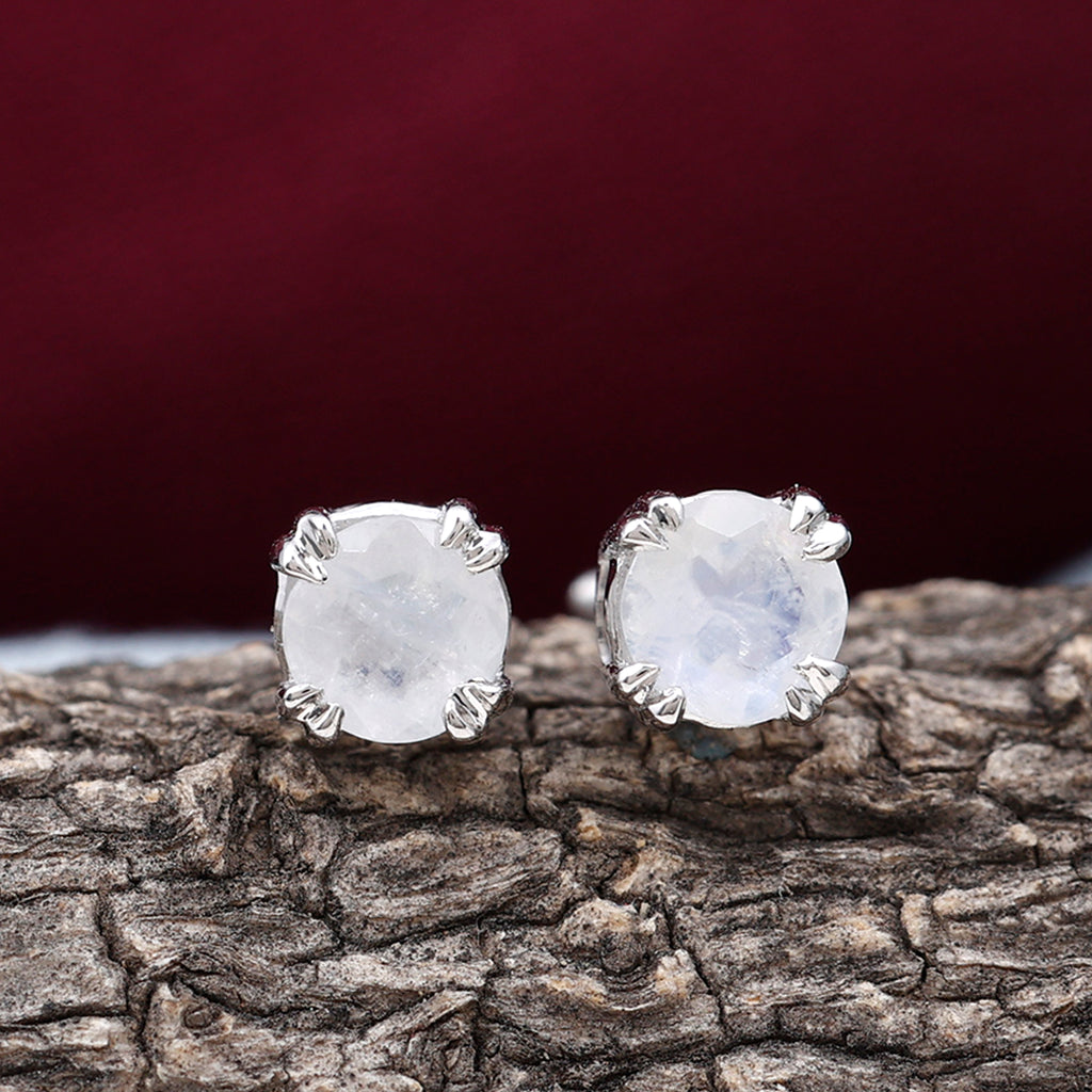 4.5 MM Moonstone Solitaire Stud Earrings in Double Claw Prong Setting Moonstone - ( AAA ) - Quality - Rosec Jewels