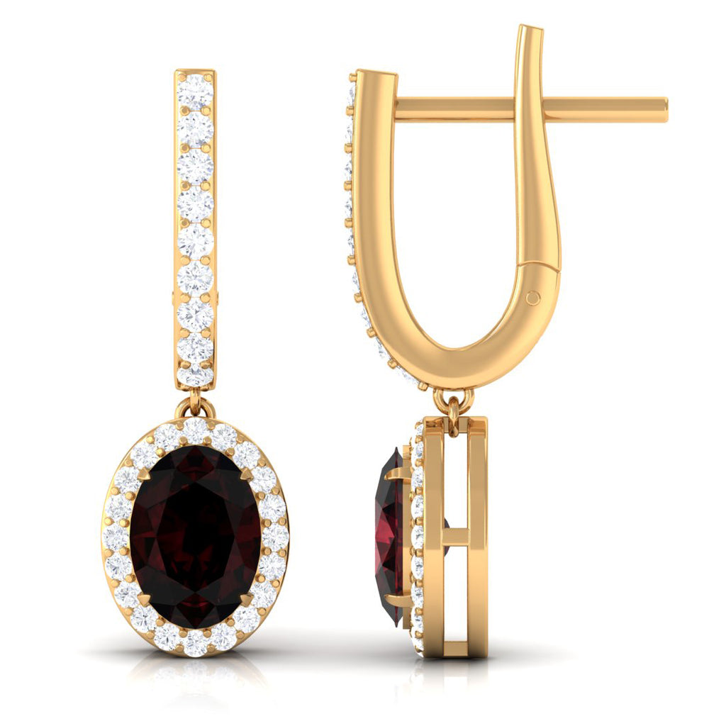 3.5 CT Oval Garnet and Diamond J Hoop Drop Earrings Garnet - ( AAA ) - Quality - Rosec Jewels