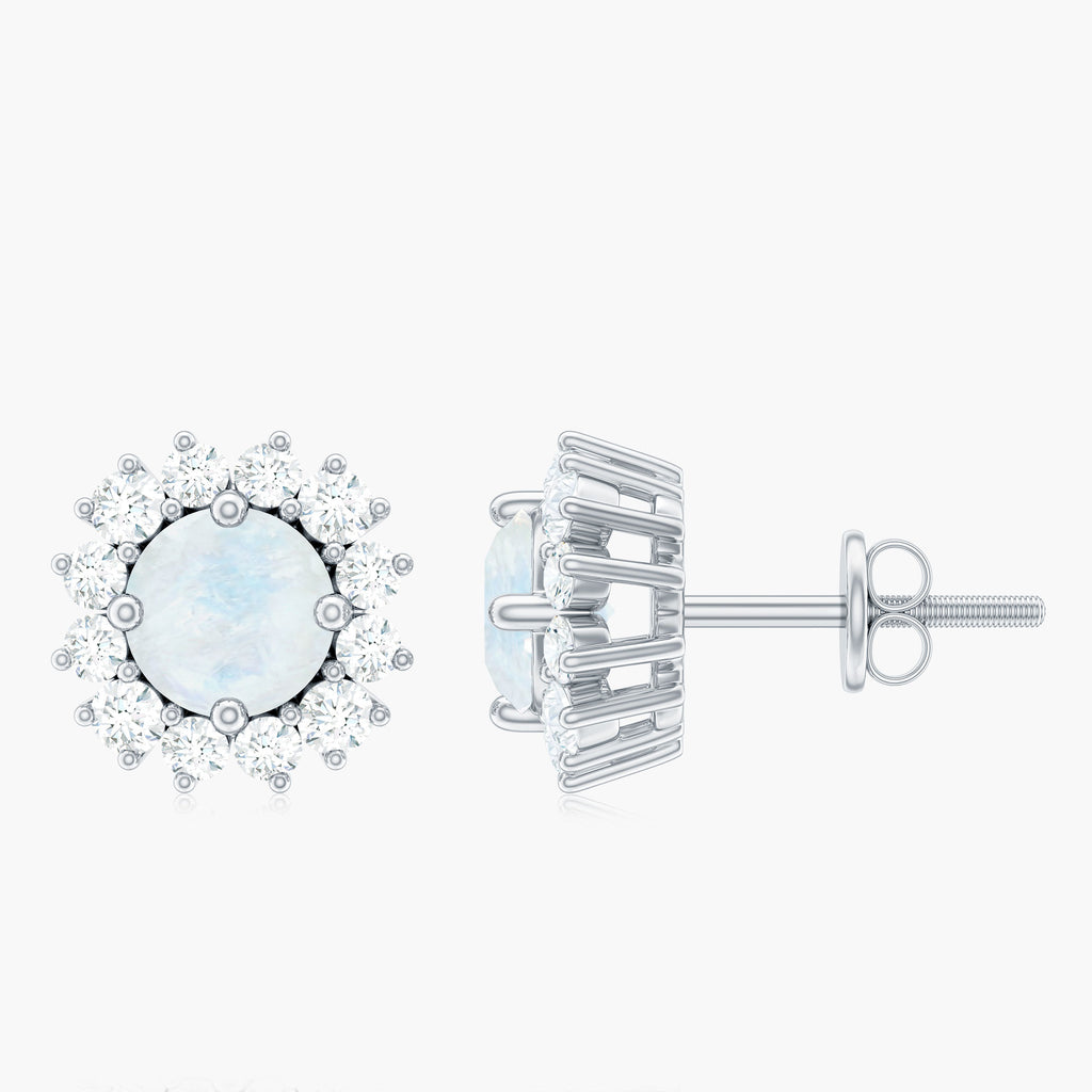 1 CT Moonstone and Diamond Halo Stud Earrings Moonstone - ( AAA ) - Quality - Rosec Jewels