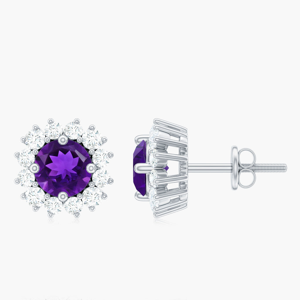 Round Amethyst Classic Stud Earring with Diamond Halo Amethyst - ( AAA ) - Quality - Rosec Jewels