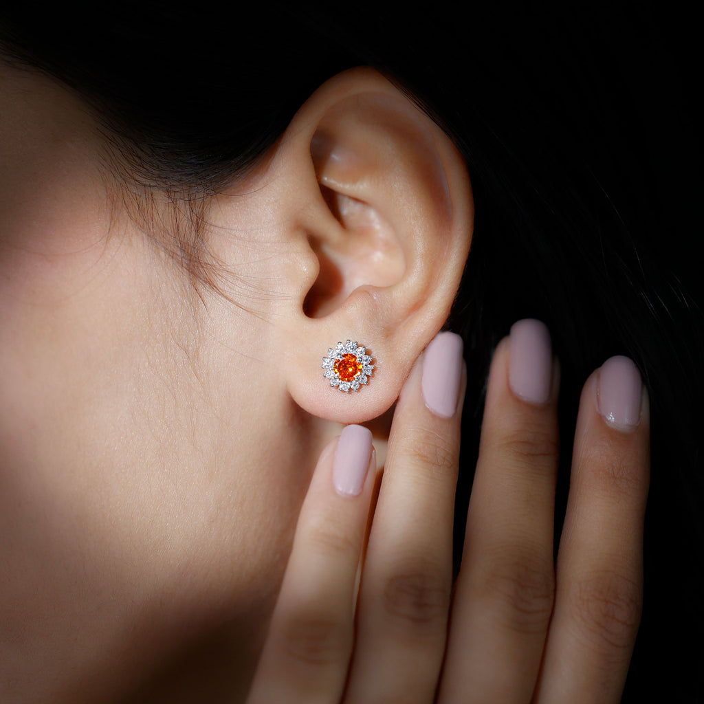 2 CT Created Orange Sapphire and Diamond Halo Stud Earrings Lab Created Orange Sapphire - ( AAAA ) - Quality - Rosec Jewels