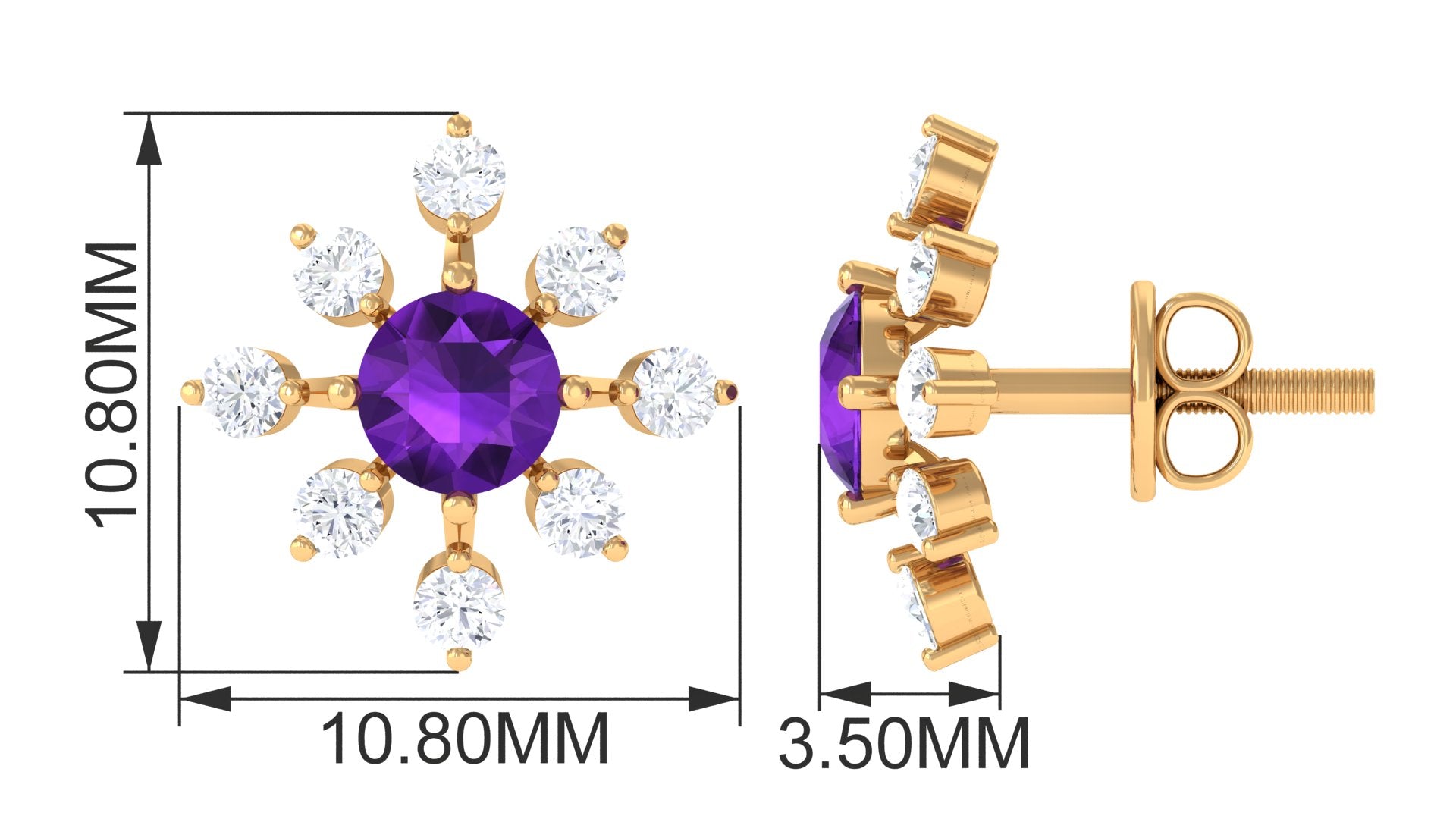 Minimal Amethyst Snowflake Stud Earrings with Diamond Amethyst - ( AAA ) - Quality - Rosec Jewels