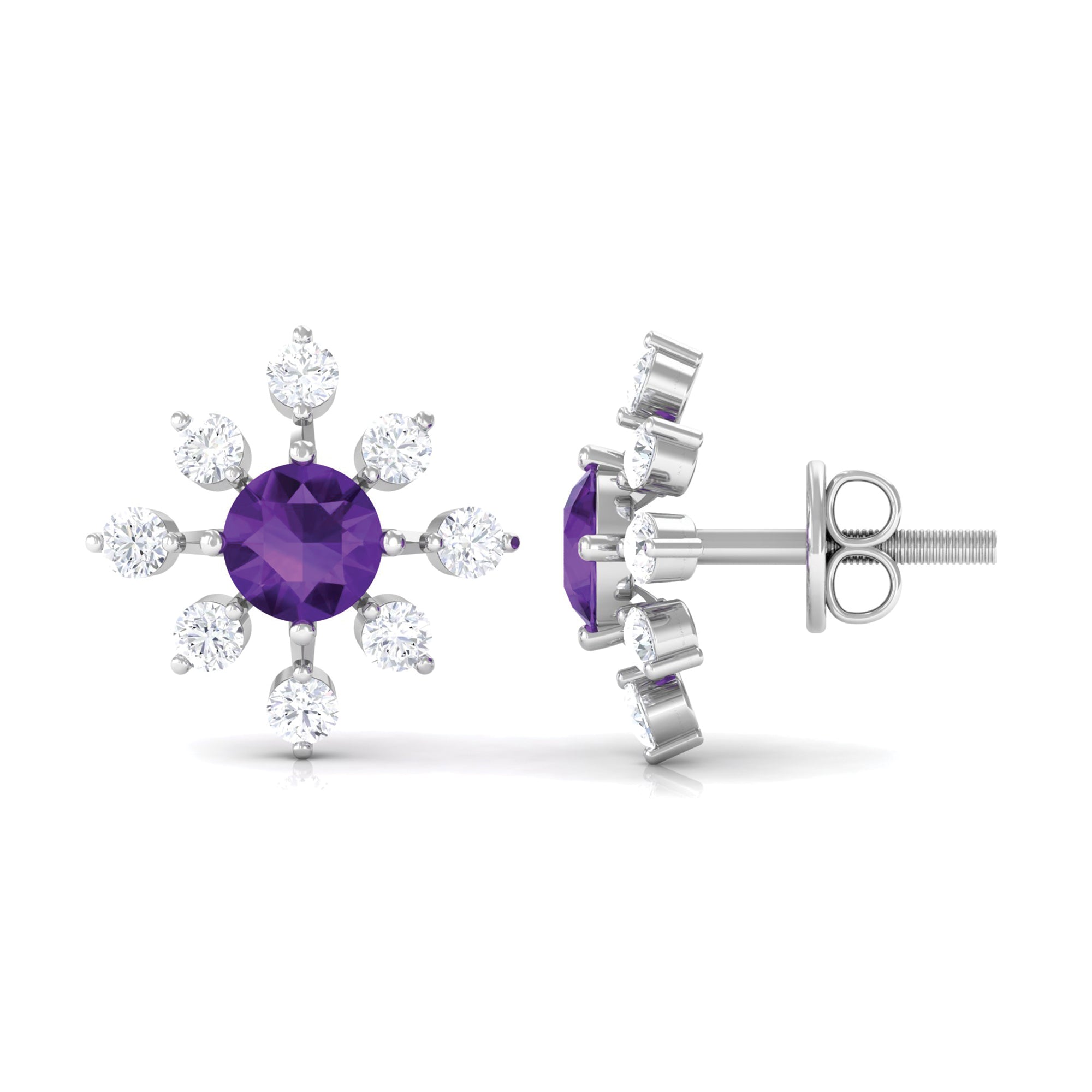 Minimal Amethyst Snowflake Stud Earrings with Diamond Amethyst - ( AAA ) - Quality - Rosec Jewels