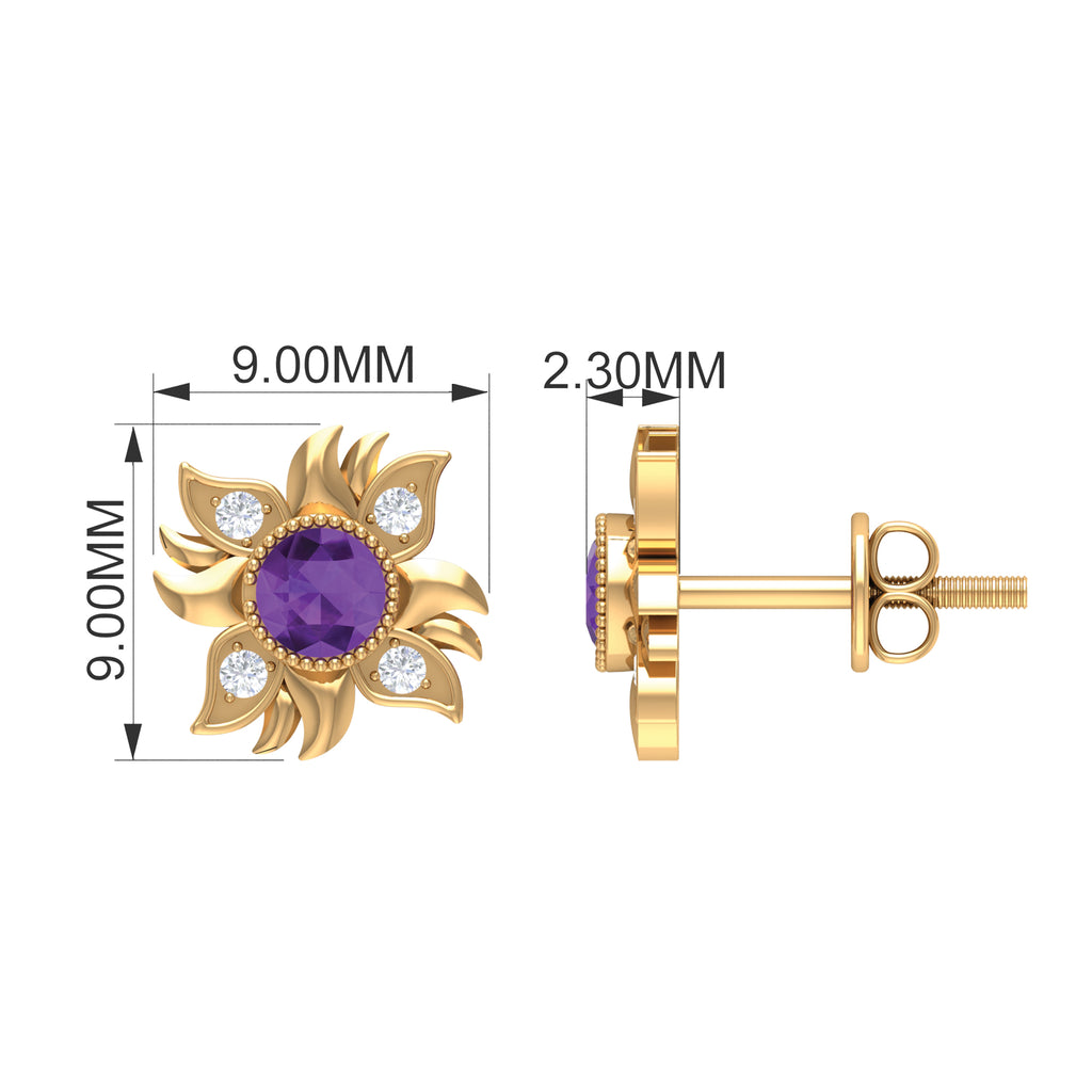1/2 CT Round Shape Amethyst and Diamond Sunburst Stud Earrings Amethyst - ( AAA ) - Quality - Rosec Jewels