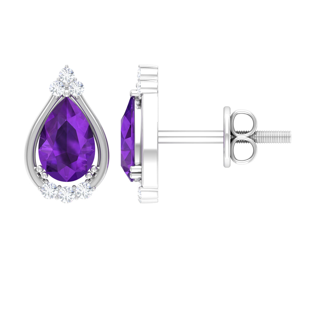 Amethyst Teardrop Stud Earrings with Diamond Amethyst - ( AAA ) - Quality - Rosec Jewels