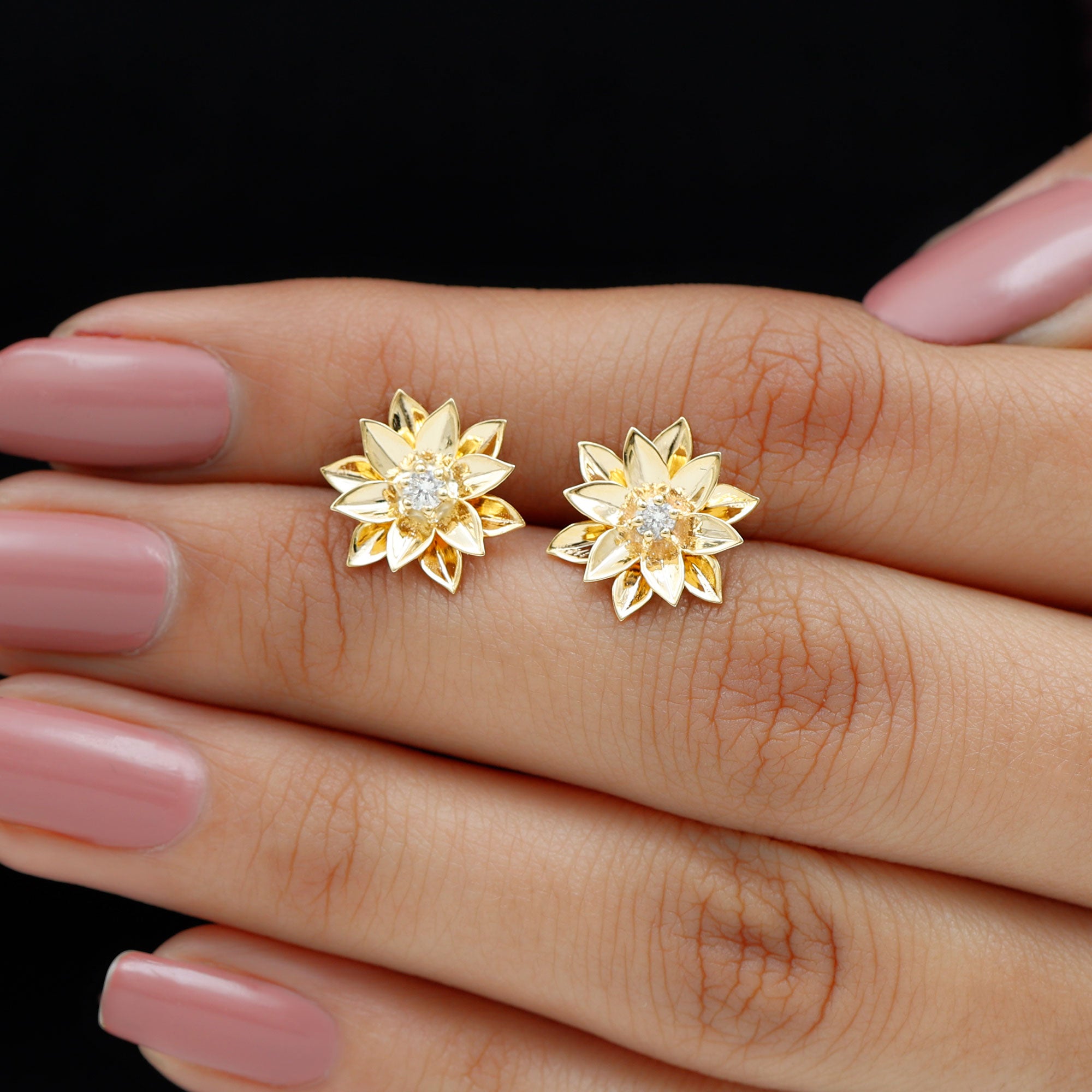 Round Cut Natural Diamond Gold Flower Stud Earrings Diamond - ( HI-SI ) - Color and Clarity - Rosec Jewels