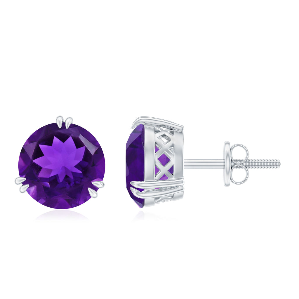 7 MM Round Amethyst Solitaire Stud Earrings in Gold Amethyst - ( AAA ) - Quality - Rosec Jewels