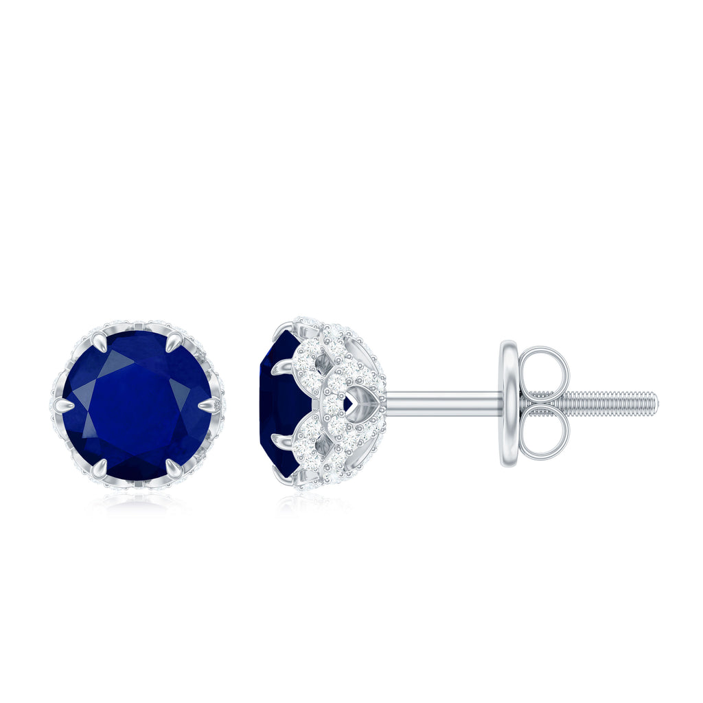 2.25 CT Claw Set Blue Sapphire Solitaire and Diamond Stud Earrings Blue Sapphire - ( AAA ) - Quality - Rosec Jewels