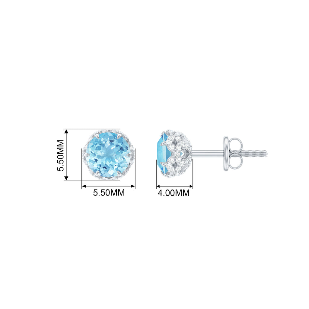 Lotus Basket Set Aquamarine Solitaire Stud Earrings with Diamond Accent Aquamarine - ( AAA ) - Quality - Rosec Jewels