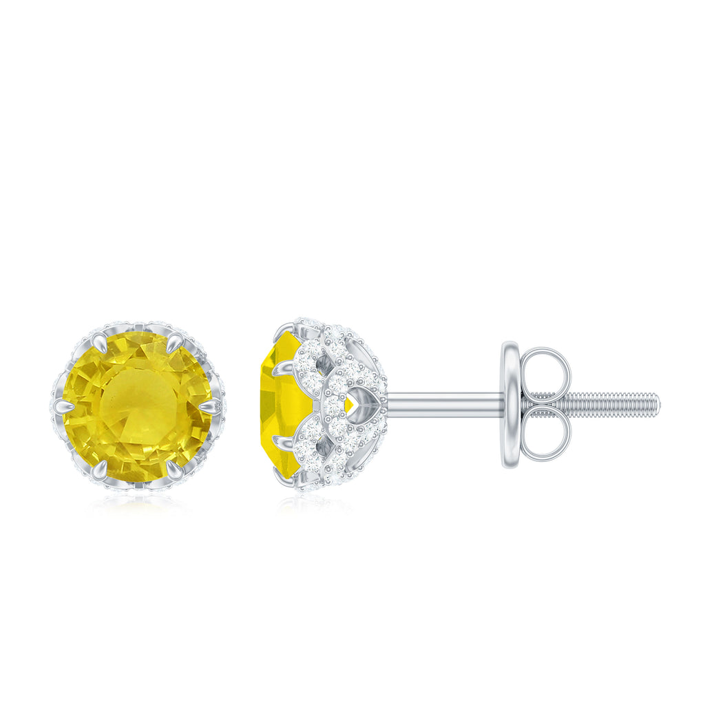 5 MM Yellow Sapphire Solitaire and Diamond Floral Stud Earrings in Lotus Basket Setting Yellow Sapphire - ( AAA ) - Quality - Rosec Jewels