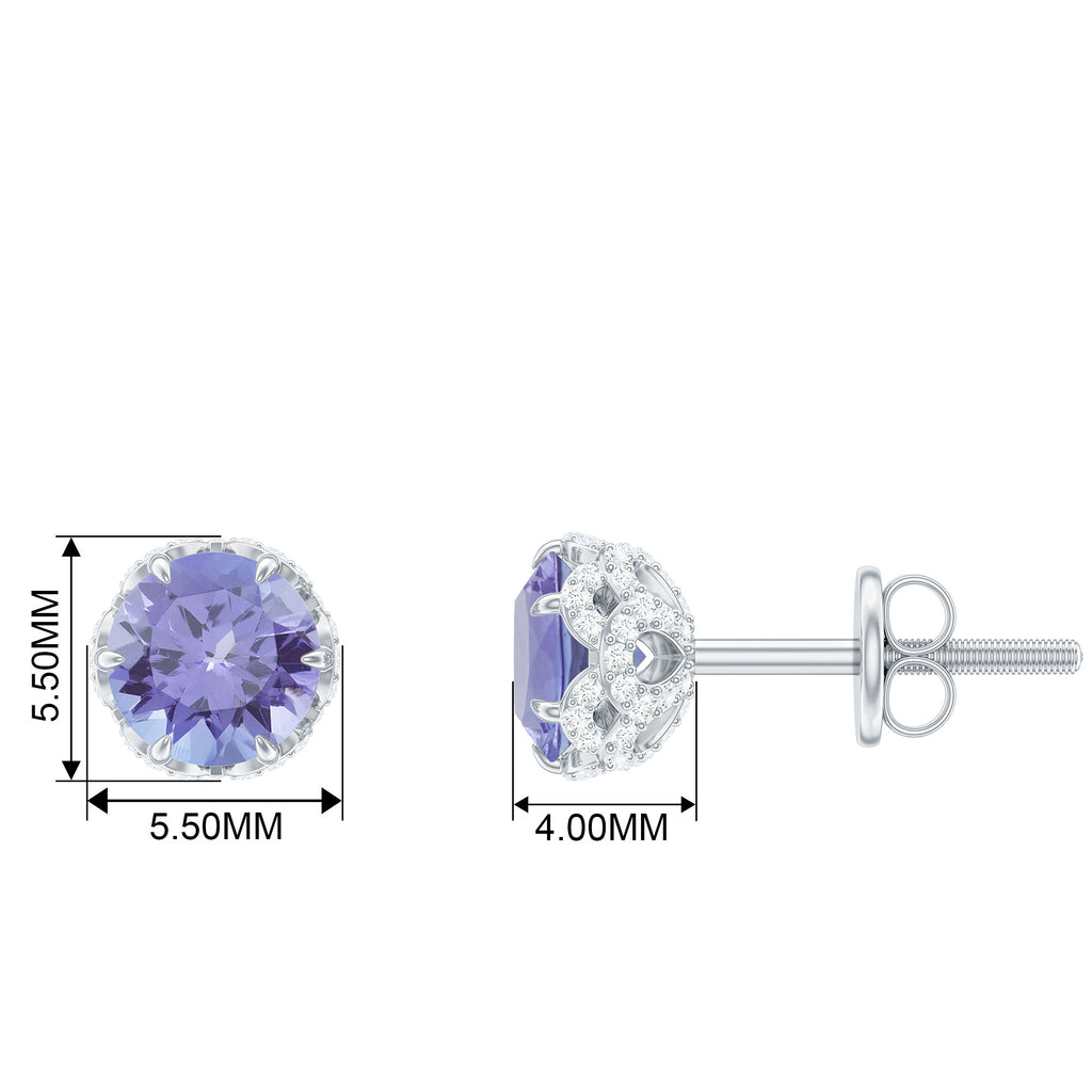 Lotus Basket Set Tanzanite Solitaire Stud Earrings with Diamond Accent Tanzanite - ( AAA ) - Quality - Rosec Jewels