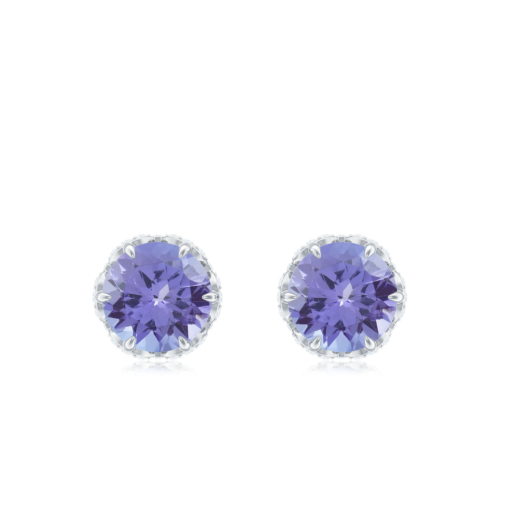 Lotus Basket Set Tanzanite Solitaire Stud Earrings with Diamond Accent Tanzanite - ( AAA ) - Quality - Rosec Jewels