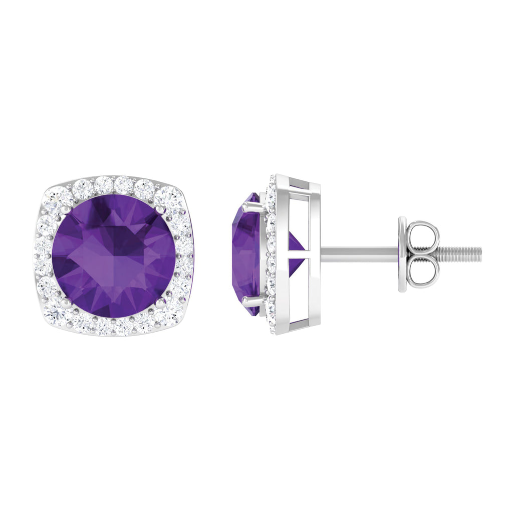 Classic Round Amethyst Halo Stud Earrings with Diamond Amethyst - ( AAA ) - Quality - Rosec Jewels