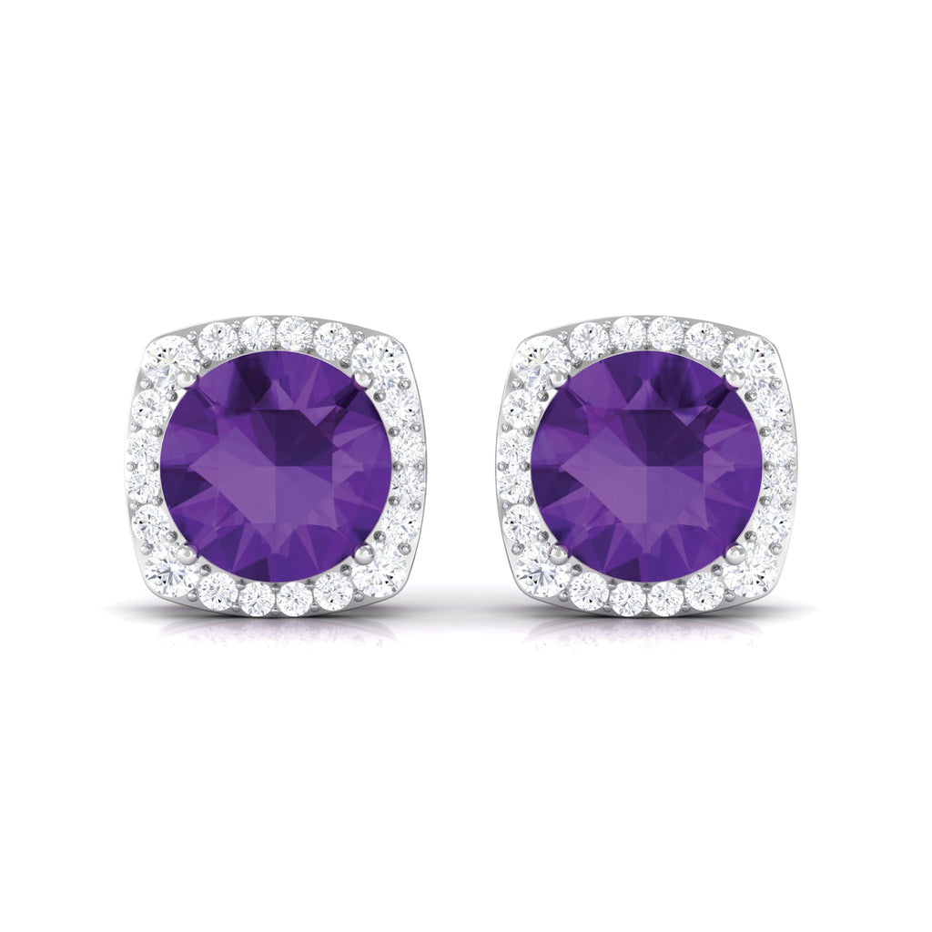 Classic Round Amethyst Halo Stud Earrings with Diamond Amethyst - ( AAA ) - Quality - Rosec Jewels