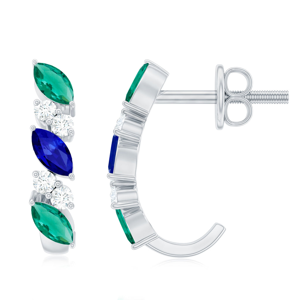 Marquise Cut Created Blue Sapphire and Emerald J Hoop Earrings with Moissanite Lab Created Blue Sapphire - ( AAAA ) - Quality - Rosec Jewels