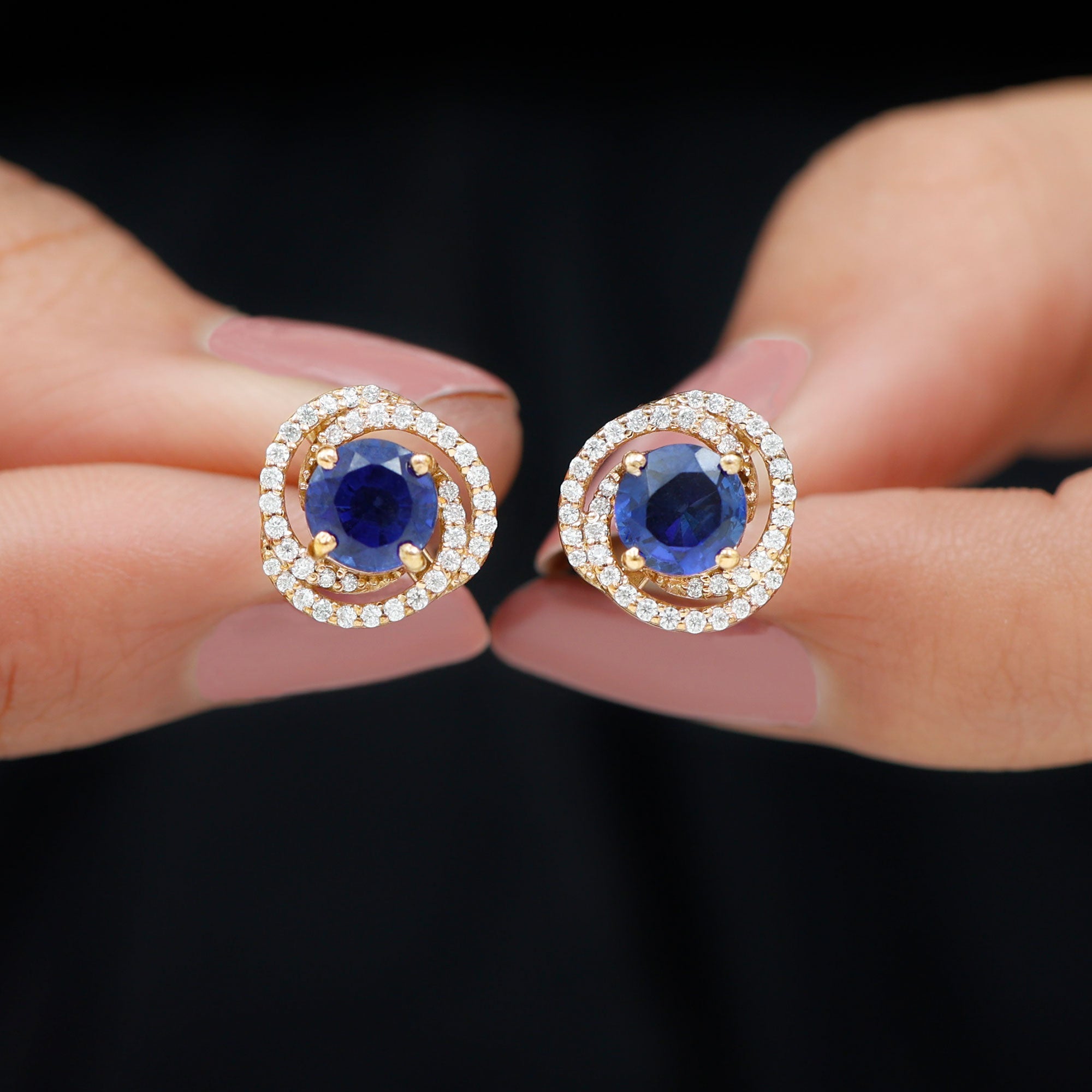 2.50 CT Created Blue Sapphire and Diamond Swirl Stud Earrings Lab Created Blue Sapphire - ( AAAA ) - Quality - Rosec Jewels