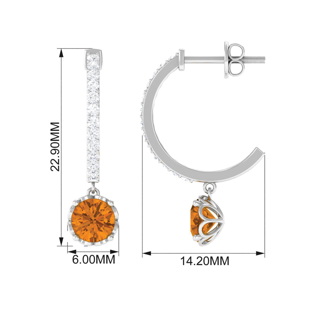 Minimal Round Citrine Hoop Drop Earrings with Diamond Citrine - ( AAA ) - Quality - Rosec Jewels