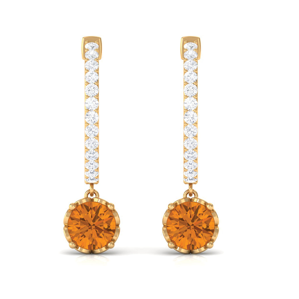 Minimal Round Citrine Hoop Drop Earrings with Diamond Citrine - ( AAA ) - Quality - Rosec Jewels