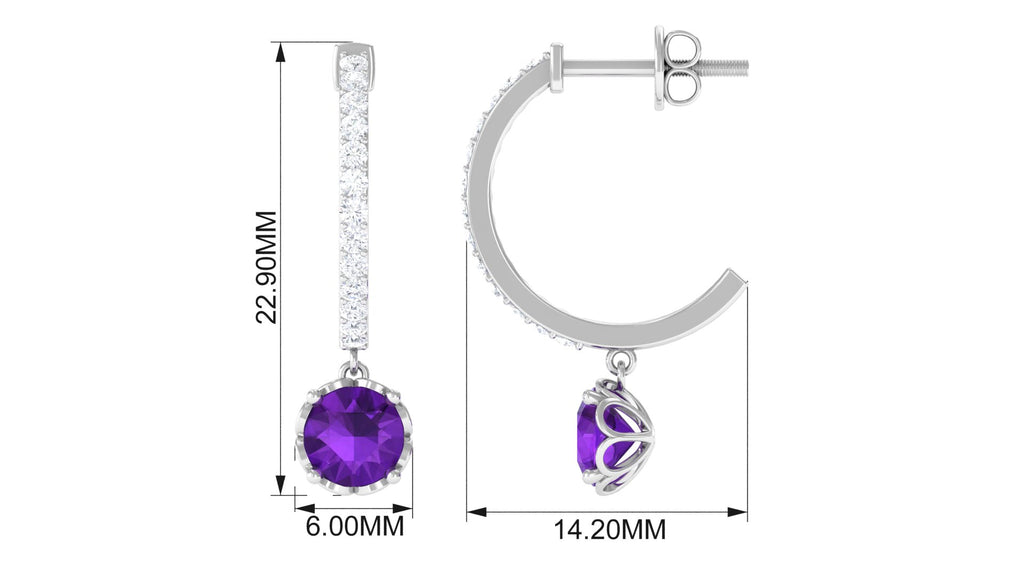 Minimal Round Amethyst Hoop Drop Earrings with Diamond Amethyst - ( AAA ) - Quality - Rosec Jewels