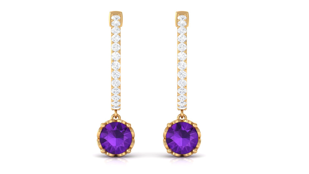 Minimal Round Amethyst Hoop Drop Earrings with Diamond Amethyst - ( AAA ) - Quality - Rosec Jewels