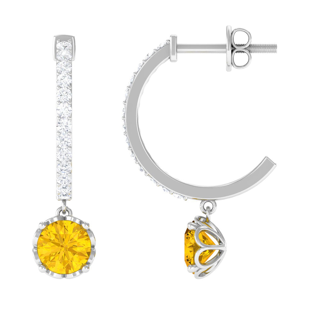 Round Yellow Sapphire Hoop Drop Earrings with Diamond Yellow Sapphire - ( AAA ) - Quality - Rosec Jewels