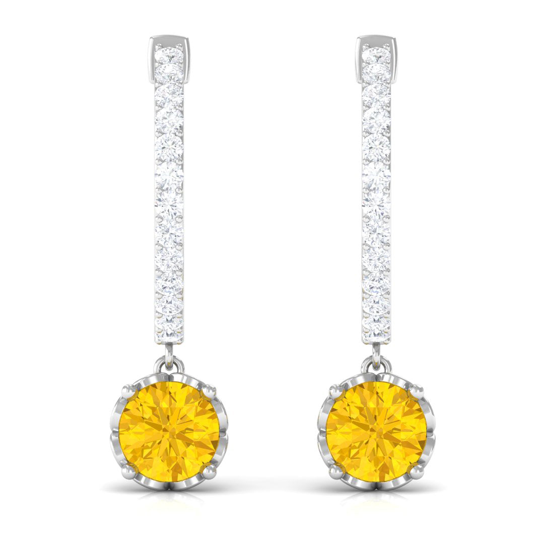 Round Yellow Sapphire Hoop Drop Earrings with Diamond Yellow Sapphire - ( AAA ) - Quality - Rosec Jewels