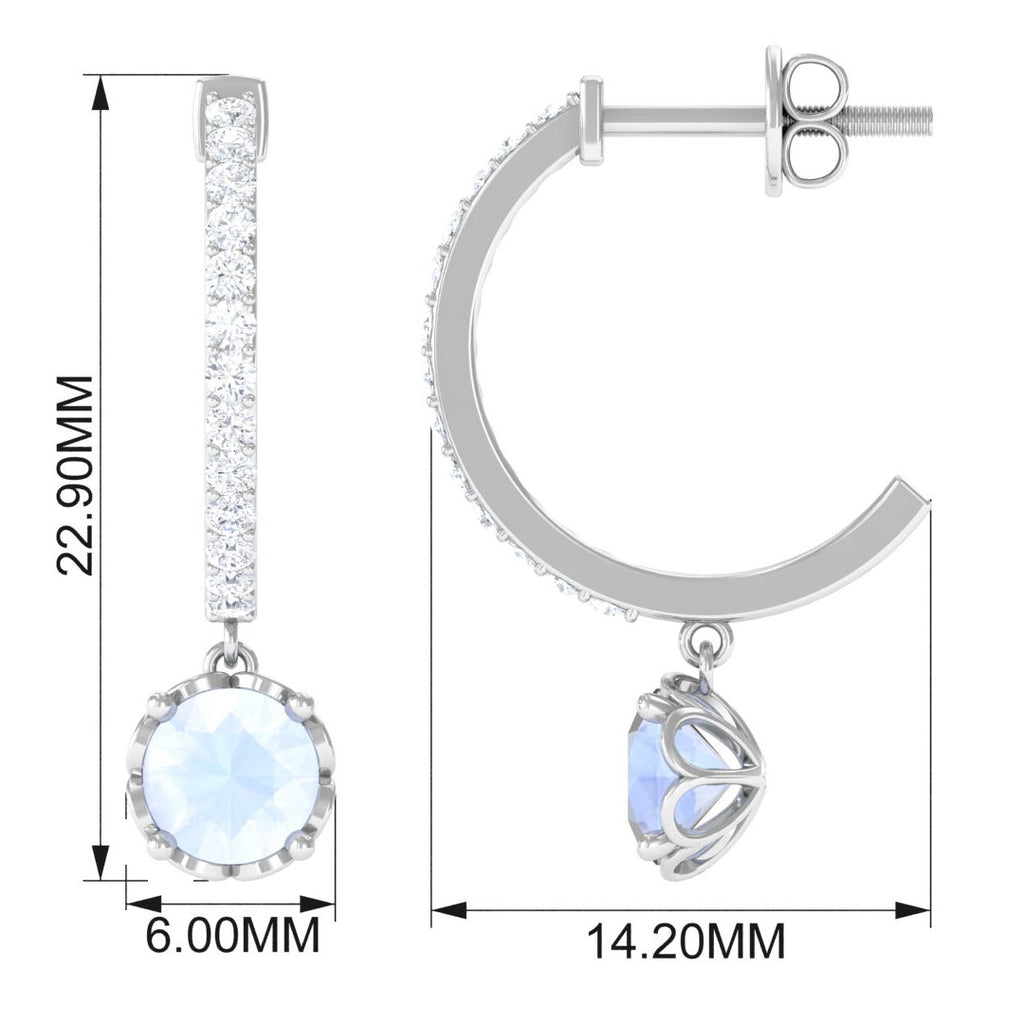 Minimal Round Moonstone Hoop Drop Earrings with Diamond Moonstone - ( AAA ) - Quality - Rosec Jewels