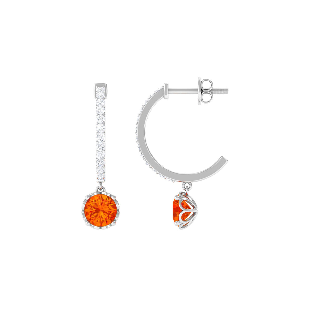 Round Orange Sapphire Hoop Drop Earrings with Diamond Orange Sapphire - ( AAA ) - Quality - Rosec Jewels