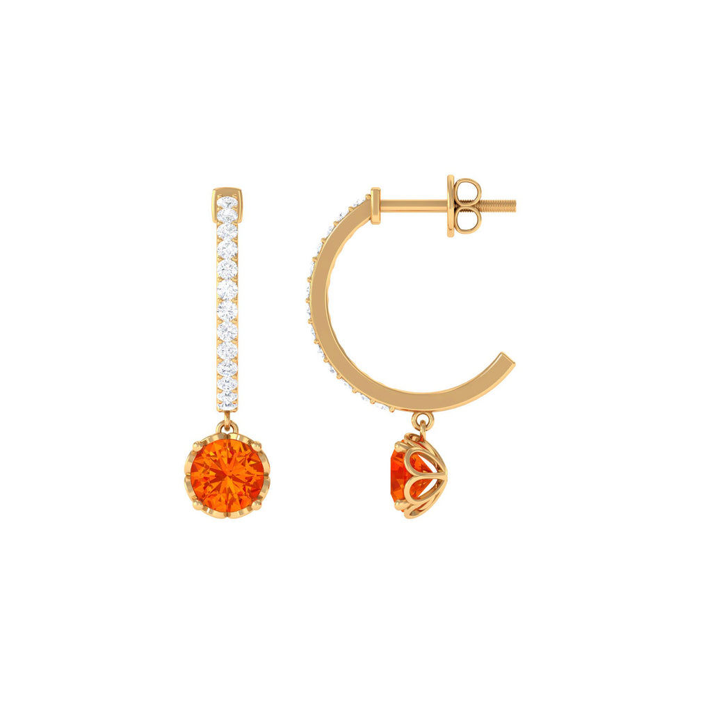 Round Orange Sapphire Hoop Drop Earrings with Diamond Orange Sapphire - ( AAA ) - Quality - Rosec Jewels