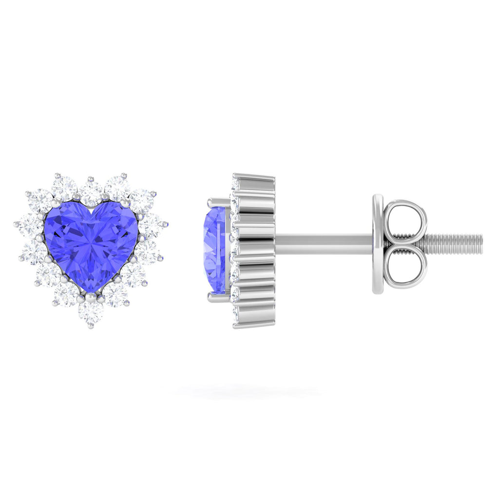 Minimal Heart Shape Tanzanite Halo Stud Earrings with Diamond Tanzanite - ( AAA ) - Quality - Rosec Jewels